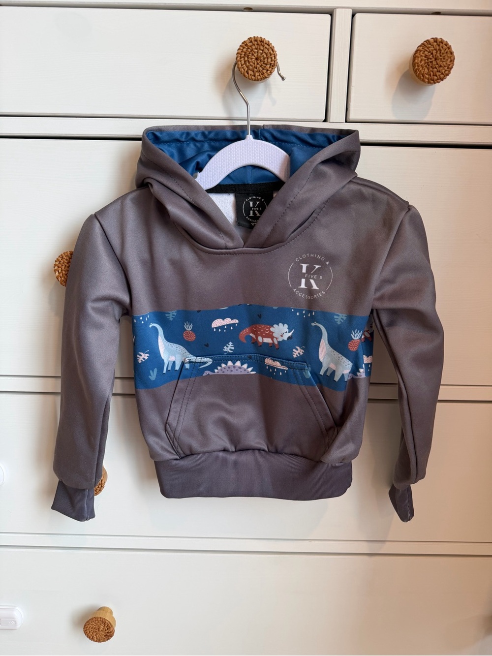 2T Gray Kids Hoodie with Blue Dinosaur Stripe (K5 Clothing)